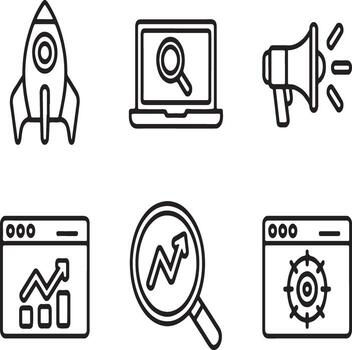 Digital marketing and seo icon set launching growth strategy and analytics tools vector
