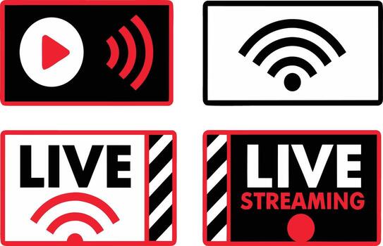 Set of four graphic icons representing live streaming and broadcast media elements vector