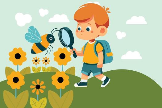 illustration of a little kid using a magnifying glass to observe a bee, promoting curiosity, learning, and exploration. vector
