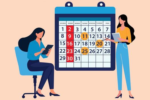 Flat illustration of two business people checking a smartphone app and planning a work project. Modern office concept showing teamwork, communication, and scheduling. vector