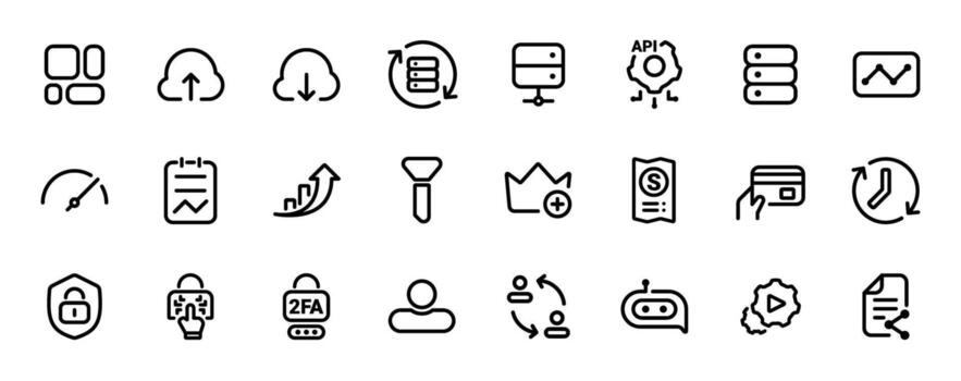 nube informática y saas monocromo línea icono conjunto vector