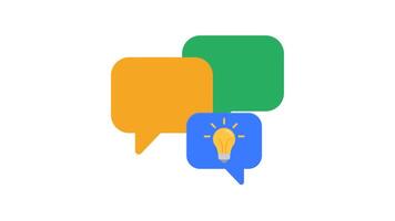 spåna session aktiva animering terar grupp chatt bubblor med en lysande glödlampa ikon. perfekt för lagarbete, kreativ samarbete, och idédelning begrepp. video