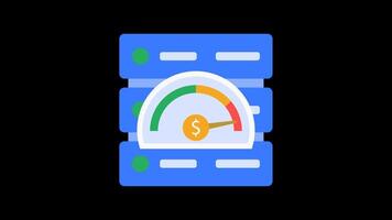 Server cost gauge animation with a half-circle dial, server icon in the center, and dollar indicator. Ideal for IT budgeting, performance analysis, and cloud efficiency concepts. video