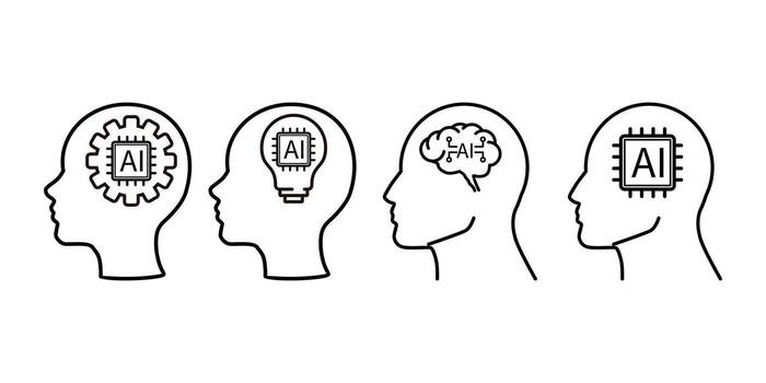 AI smart line icon set. Human head outline with AI symbol. vector