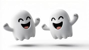 White Cute Ghost Happy and Cheerful Faces Expression. Bright Playful Ghosts are Perfect for Creating Fun and Whimsical Design Concepts. Smiling Friendly Halloween Characters. 3d cartoon. video
