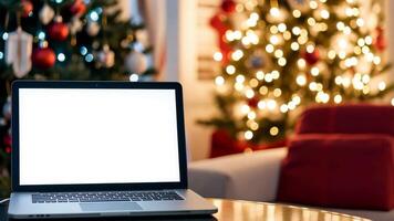 bianca vuoto schermo il computer portatile modello su un' tavolo con un' Natale albero luci sfocato sfondo bokeh. luminosa vuoto il computer portatile Schermo finto su modello contro un' festivo sfondo. davanti Visualizza, avvicinamento. video