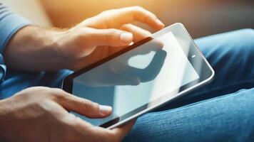 person använder sig av en enhet. digital interaktioner och aktiviteter. man innehav en vaddera. avlägsen inlärning, social distans arbetssätt, beställning uppköp uppkopplad, läsning e bok. närbild se, modern teknologi video