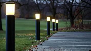 väg lampor gjutning en värma glöd rustik sten gångväg i de parkera eller bakgård. kväll trottoar. upplyst väg modern lampor. utomhus- miljö, väg ljus. värma glöd på de sten gångväg video