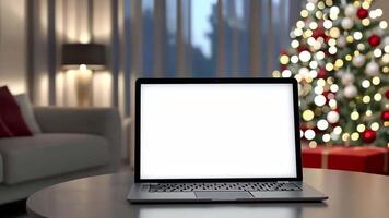 il computer portatile con bianca vuoto schermo modello tavolo con un' Natale albero luci sfocato sfondo bokeh. luminosa vuoto il computer portatile Schermo finto su modello contro un' festivo sfondo. davanti Visualizza, avvicinamento. video