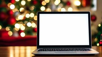 il computer portatile bianca vuoto schermo modello su un' tavolo con un' Natale albero luci sfocato sfondo bokeh. luminosa vuoto il computer portatile Schermo finto su modello un' festivo sfondo. davanti Visualizza, avvicinamento. video