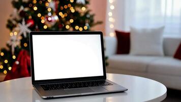 il computer portatile bianca vuoto schermo modello su un' tavolo con un' Natale albero luci sfocato sfondo bokeh. luminosa vuoto Schermo finto su modello contro un' festivo sfondo. davanti Visualizza, avvicinamento. video