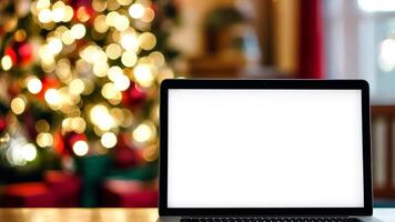 il computer portatile bianca vuoto schermo modello su un' tavolo con un' Natale albero luci sfocato sfondo bokeh. luminosa vuoto il computer portatile Schermo finto su modello contro un' festivo sfondo. davanti Visualizza avvicinamento. video