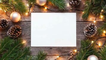 jul tom kort på en skrivbord. vit hälsning kort flå lägga, topp se med Semester dekorationer. ram notera falsk upp med Plats för text. tömma papper ark. säsonger hälsningar. mall. företag video