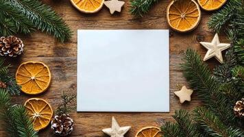 jul tom kort på en rustik skrivbord. vit kort flå lägga, topp se med Semester dekorationer. ram notera falsk upp med Plats för text. tömma papper ark. säsonger hälsningar. mall. företag video