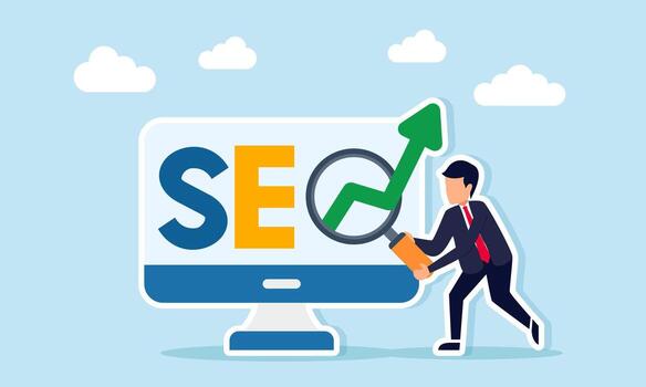 Businessman analyzing SEO text with rising arrow on computer monitor using magnifying glass illustration of SEO research and analysis to increase business marketing performance vector