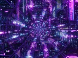 futurista neón túnel lazo animación con brillante púrpura y oscuro azul luces y cyberpunk onda. Perfecto para vj bucles, movimiento gráficos, música efectos visuales, y digital antecedentes. video