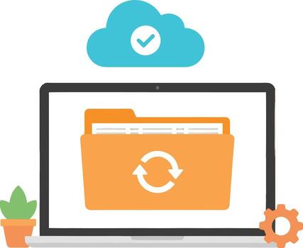 nube datos apoyo y sincronización en ordenador portátil digital archivo almacenamiento y transferir vector