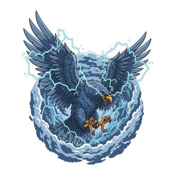 An eagle flying through the clouds with lightning vector