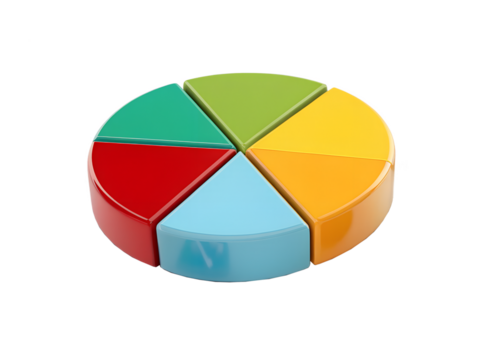 Colorful segmented pie chart with six distinct sections representing data and analysis isolated on transparent background png