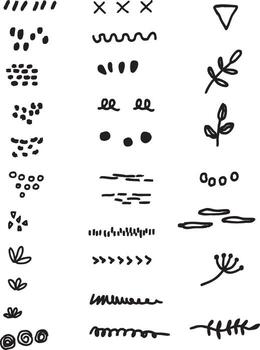 Large collection of small doodle patterns including arrows, lines, crosses, shapes, and marks. Great for backgrounds, packaging, and creative projects vector
