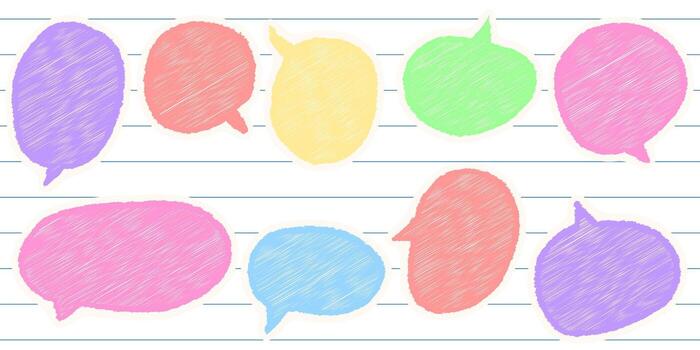 Hand drawn sketch style speech balloons, crayon comic doodle frames on lined notebook background, chalk pencil illustration ideal for digital and print creative projects vector