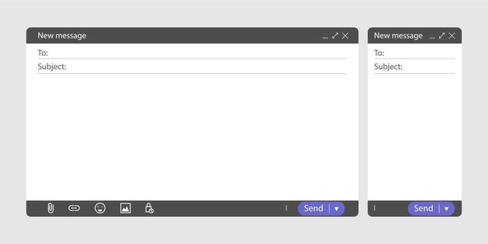 Computer and smartphone email screen mockup. Blank ui message window with empty text field and send button. Flat web layout concept for online office design or website template illustration vector