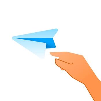 illustration of hand launching a paper plane. send, share, submit, start, creativity, freedom, and new beginnings or journey. for concepts of email sending, communication, idea launch, startup vector