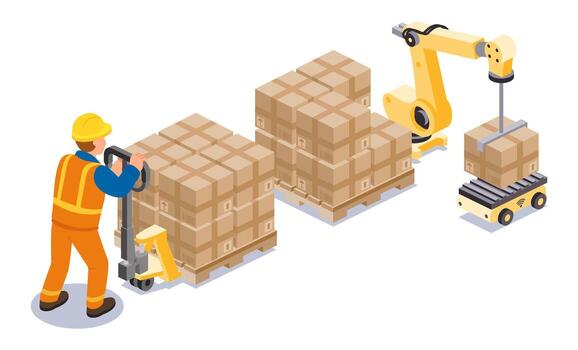 Worker handling boxes in a warehouse vector