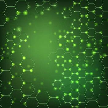Hexagons pattern green background. Healthcare, science and medicine background. Genetic research, molecular structure. Chemical engineering. Concept of innovation technology. Hi-tech Cyber Hexagon vector