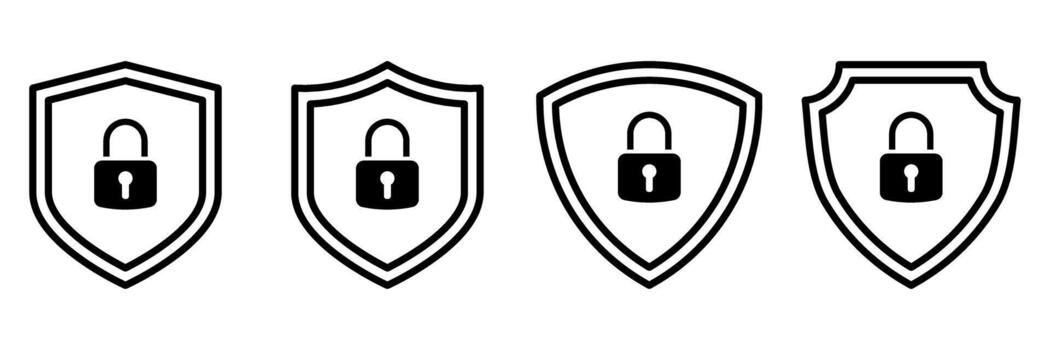 Security shield icons with lock symbol. Black outline padlock inside different shield shapes. Editable stroke. Concept of protection, privacy, safety, encryption, and secure access vector