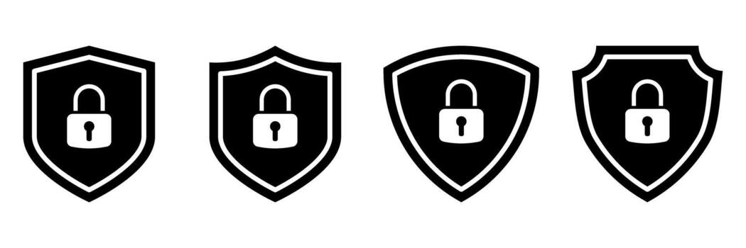 negro seguridad proteger íconos con candado símbolo. conjunto de proteccion y intimidad escudos para datos, red, y digital seguridad. concepto de ciber defensa, cifrado, y seguro acceso vector