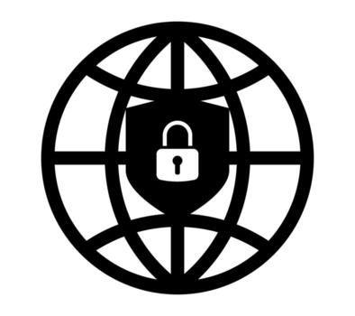 global Internet seguridad icono con proteger y candado. símbolo de en línea proteccion, datos privacidad, la seguridad cibernética, seguro red, y digital encriptación ilustración para tecnología y web diseño vector
