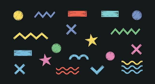 A collection of playful hand drawn abstract shapes and geometric elements on a dark background. vector