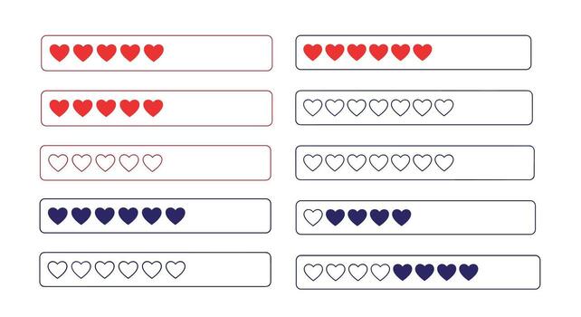 Visual representations of progress bars using heart icons to denote levels of completion. vector