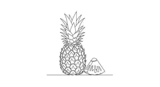A simple line drawing of a whole pineapple with a slice cut out and placed beside it on a flat surface vector