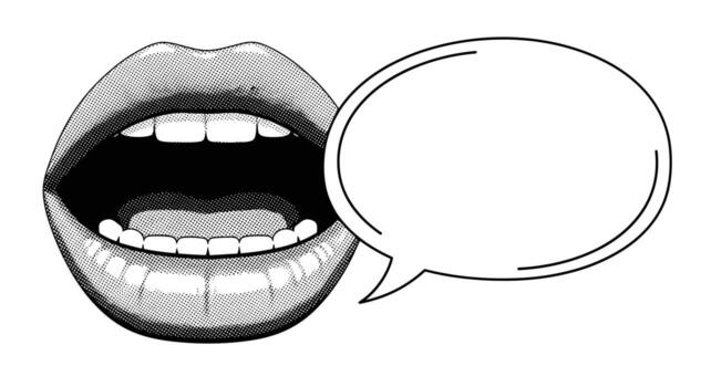 Open mouth with speech bubble illustration representing communication and expression. vector