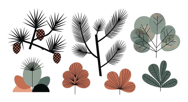 resumen botánico elementos presentando pino conos y frondoso arboles vector