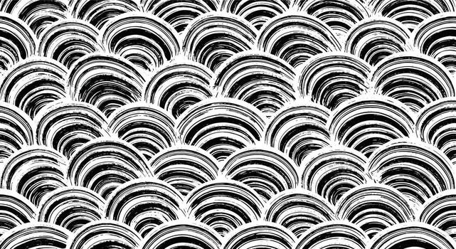 Intricate pattern of repeating black and white abstract curved shapes and geometric forms creating a textured visual vector