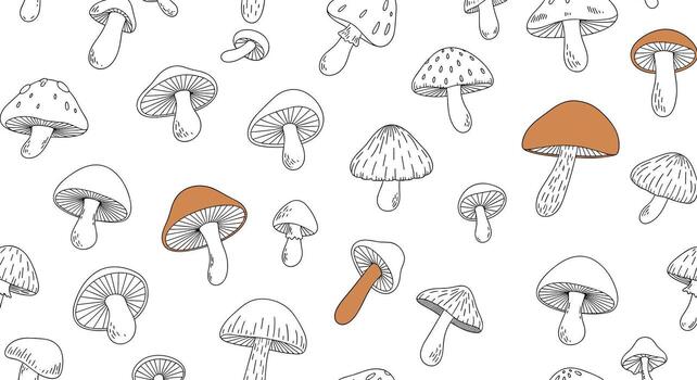 un caprichoso modelo de mano dibujado hongos en varios etapas de crecimiento y color variaciones vector