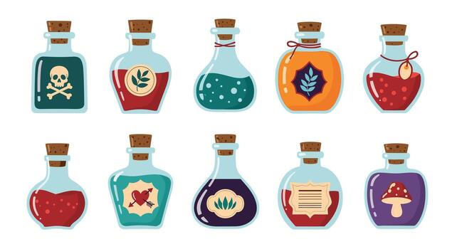 Collection of ten mystical potion bottles with unique labels for enchanting brews and magical elixirs vector