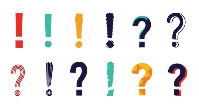 A collection of colorful and textured punctuation marks including exclamation points and question marks. vector