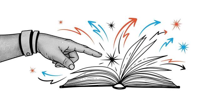 A magical open book with a hand pointing and colorful arrows indicating creativity and imagination. vector