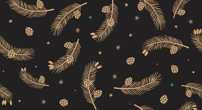 Elegant golden pine branches and small blue dots on a dark background pattern. vector