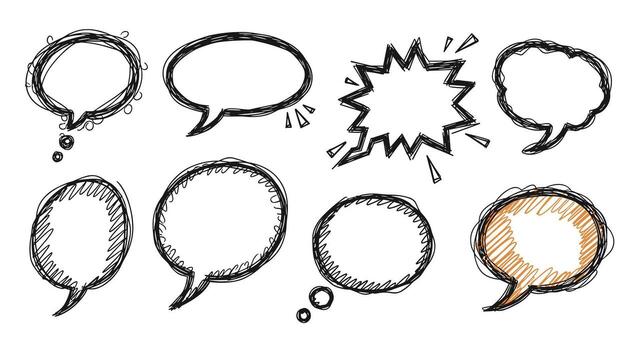 A collection of hand drawn speech bubbles for communication and conversation. . vector