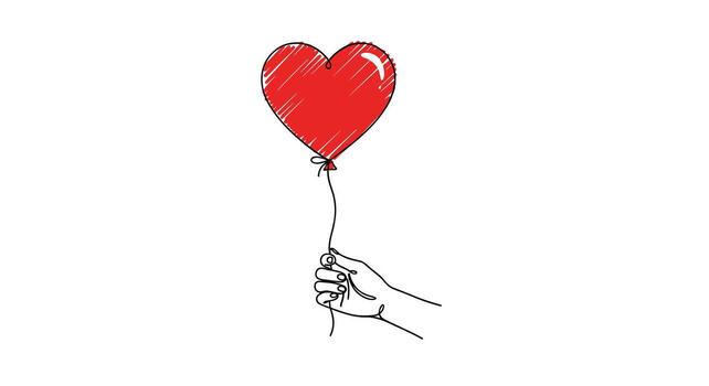A hand holding a red heart-shaped balloon with a string against a white background. vector