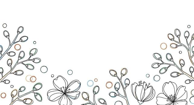 A delicate scattering of flowers and leaves with subtle colorful bubbles creating a whimsical border. vector