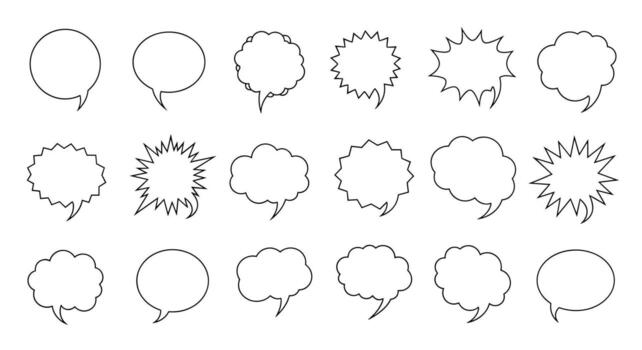 A collection of various hand drawn speech bubble shapes with a distressed texture in black and white. vector