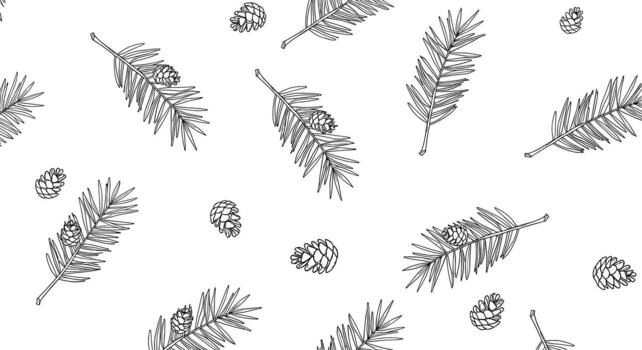 Seamless pattern of stylized pine branches and pinecones scattered across a white background. vector