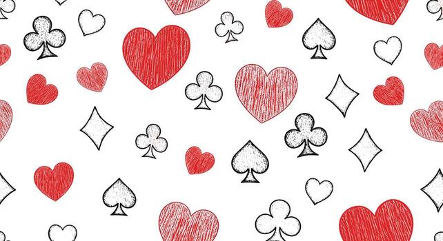 Seamless pattern of playing card suit symbols hand drawn in a sketch style on a white background. vector