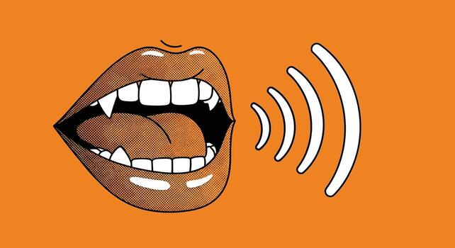 A striking illustration captures the essence of a voice emanating from open lips with sharp teeth. vector
